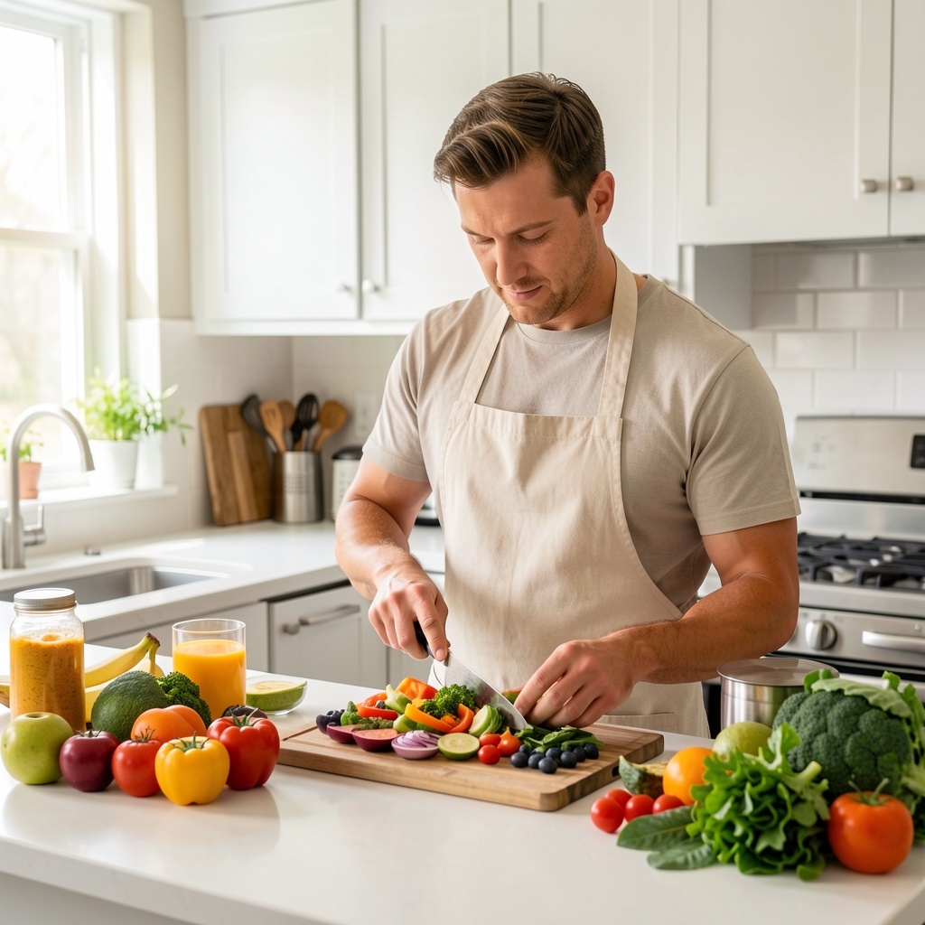 Man preparing a colourful healthy lunch in a bright home kitchen with fresh ingredients nearby