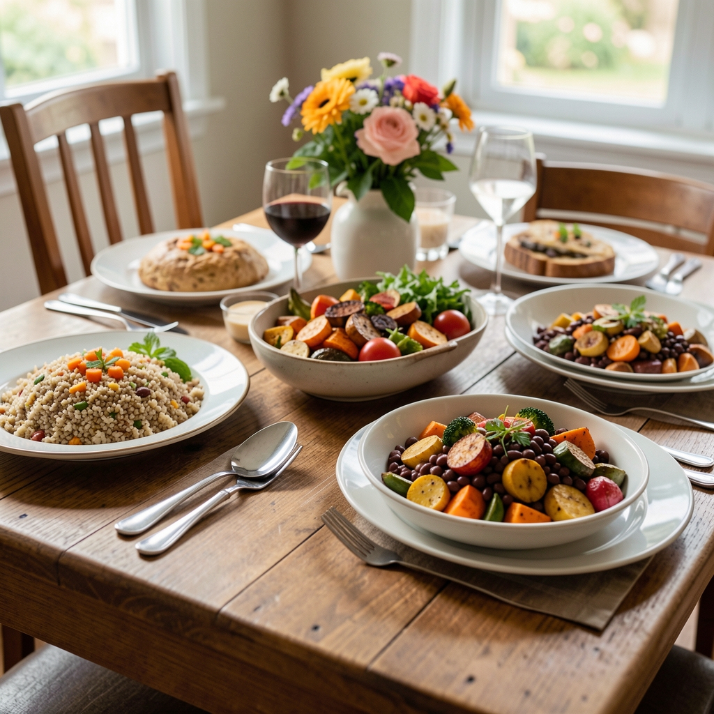 Colourful family-style meal with whole grains, roasted vegetables and beans served on a dining table