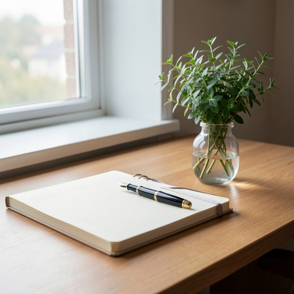 Notebook, fountain pen and small vase of leafy herbs on a calm editorial desk beside a window