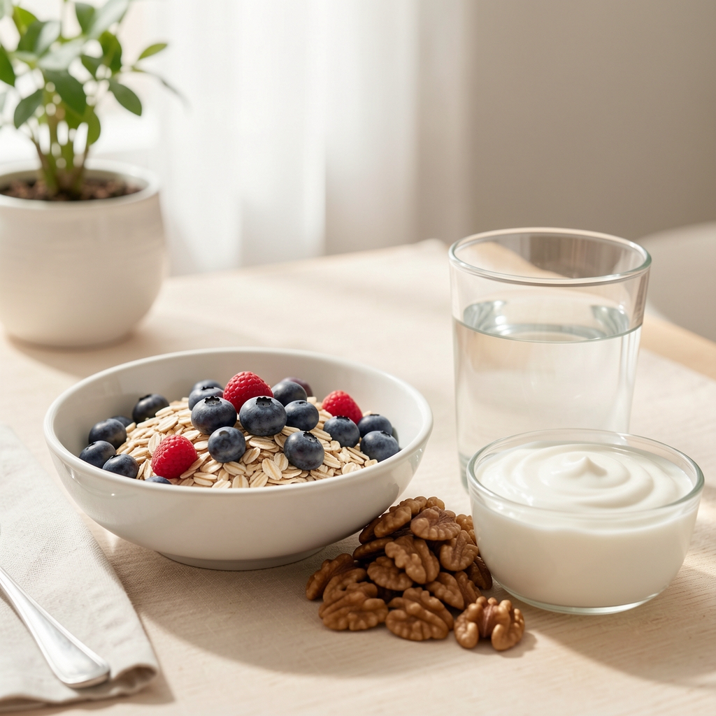 Oats with berries, walnuts and plain yoghurt beside a glass of water on a bright breakfast table