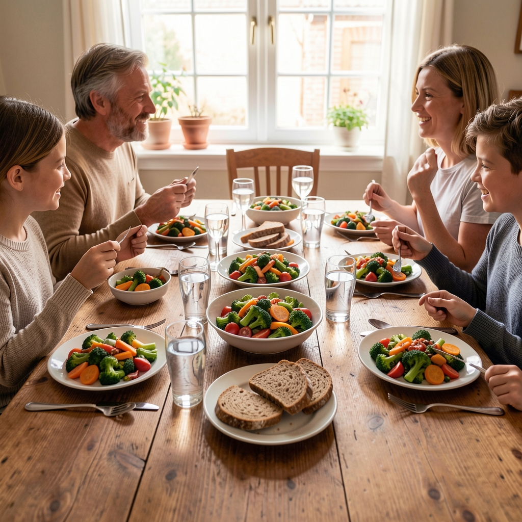 Relaxed family supper with vegetable dishes, wholegrain bread and water served on a warm wooden table