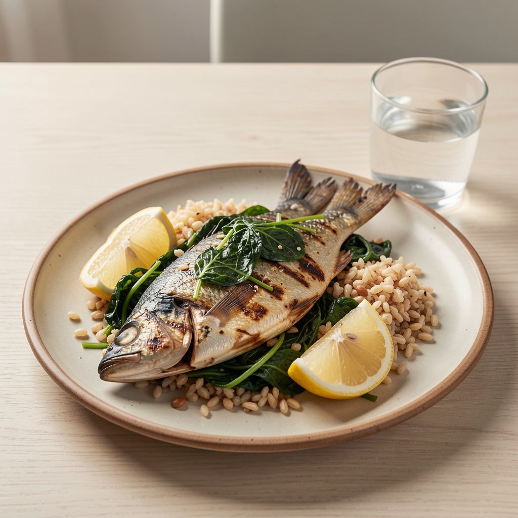 Grilled oily fish with greens, lemon and whole grains served on a ceramic plate beside a glass of water