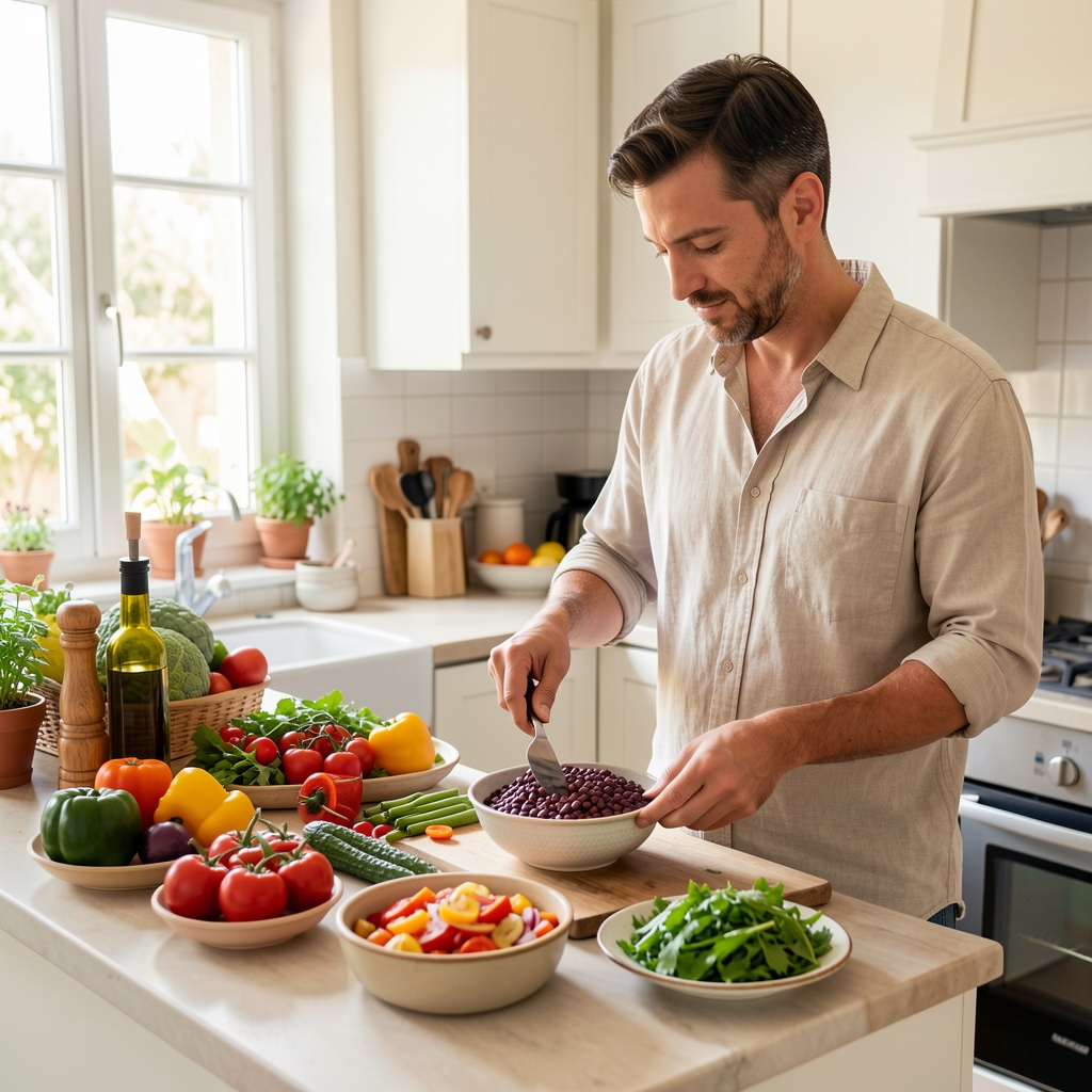 Man preparing a colourful Mediterranean lunch with vegetables, beans and olive oil in a bright home kitchen