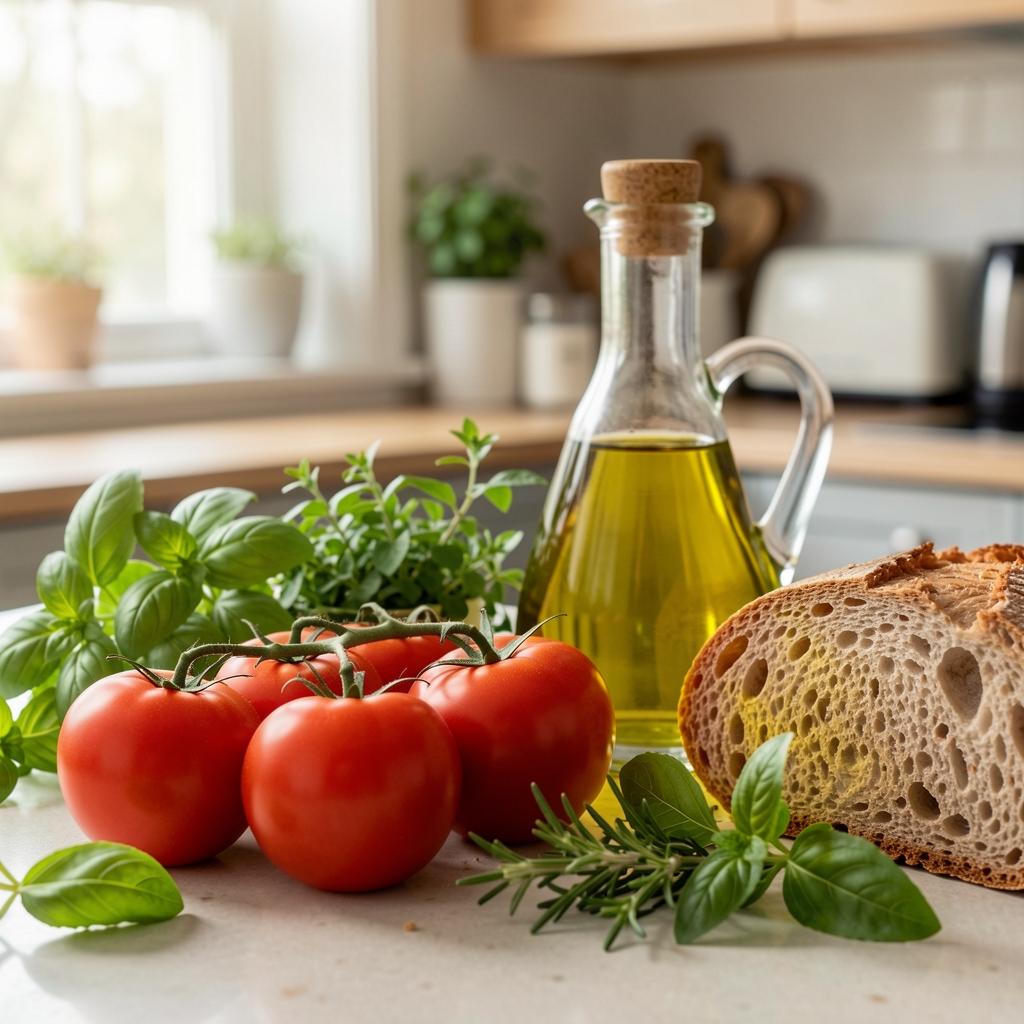 Ripe tomatoes, leafy herbs, olive oil and wholegrain bread arranged on a kitchen counter in natural light